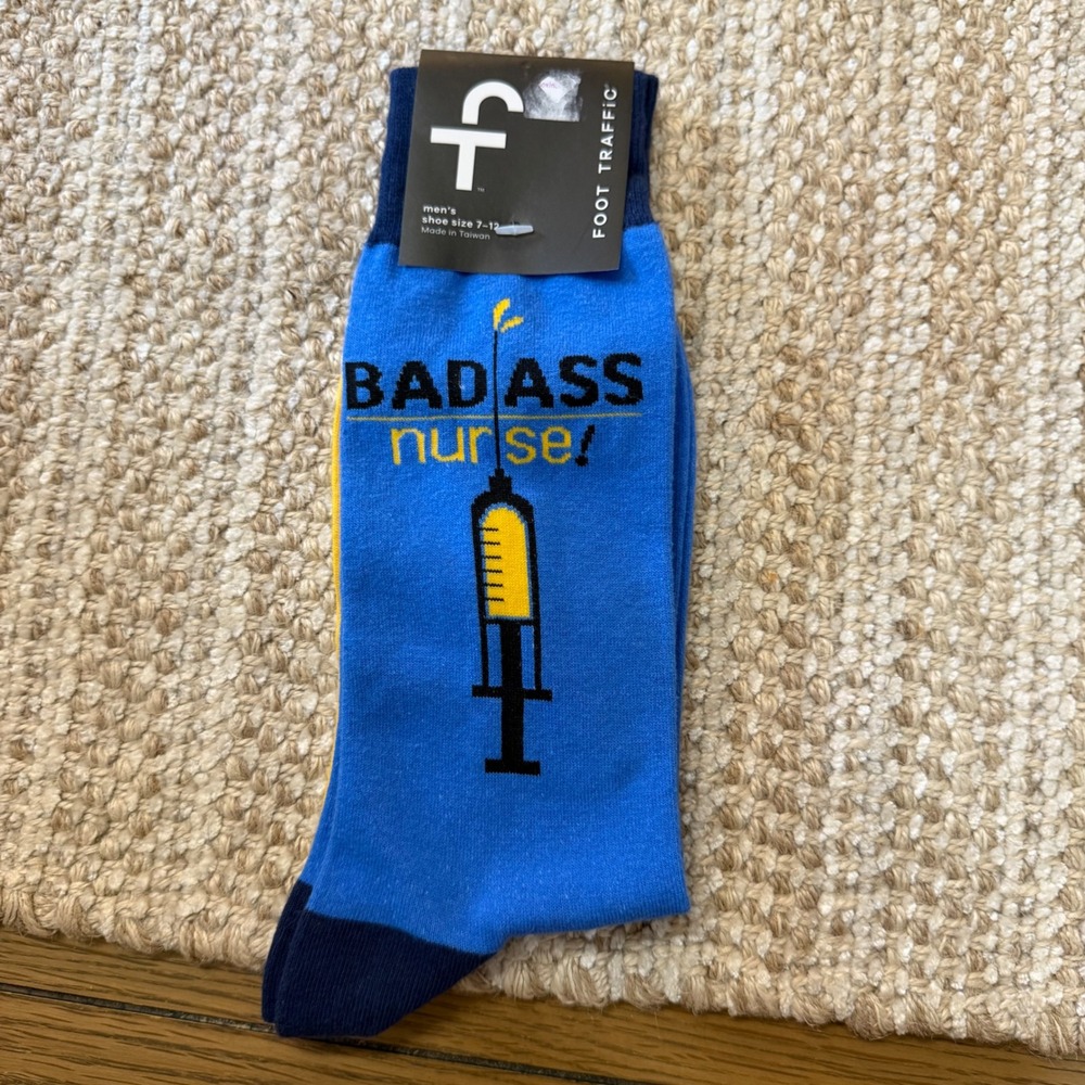 Foot Traffic Badass Nurse Syringe Blue Yellow Crew Socks Mens One Size 7-12